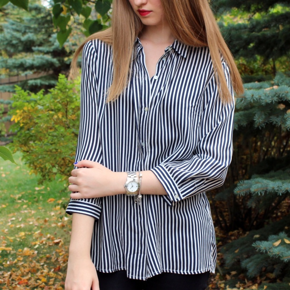 Zara Black and White Striped Button Down Shirt
